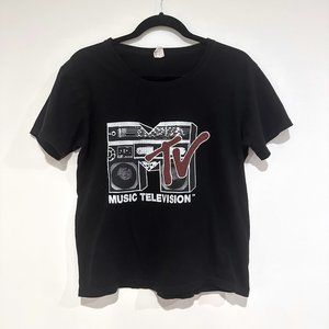 MTV Logo Graphic Black Short-Sleeve Scoop-Neck T-Shirt, Size Small